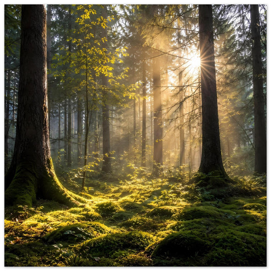 Wandposter mit Wald bei Sonnenstrahlen durch hohe Bäume, leuchtender Moosboden