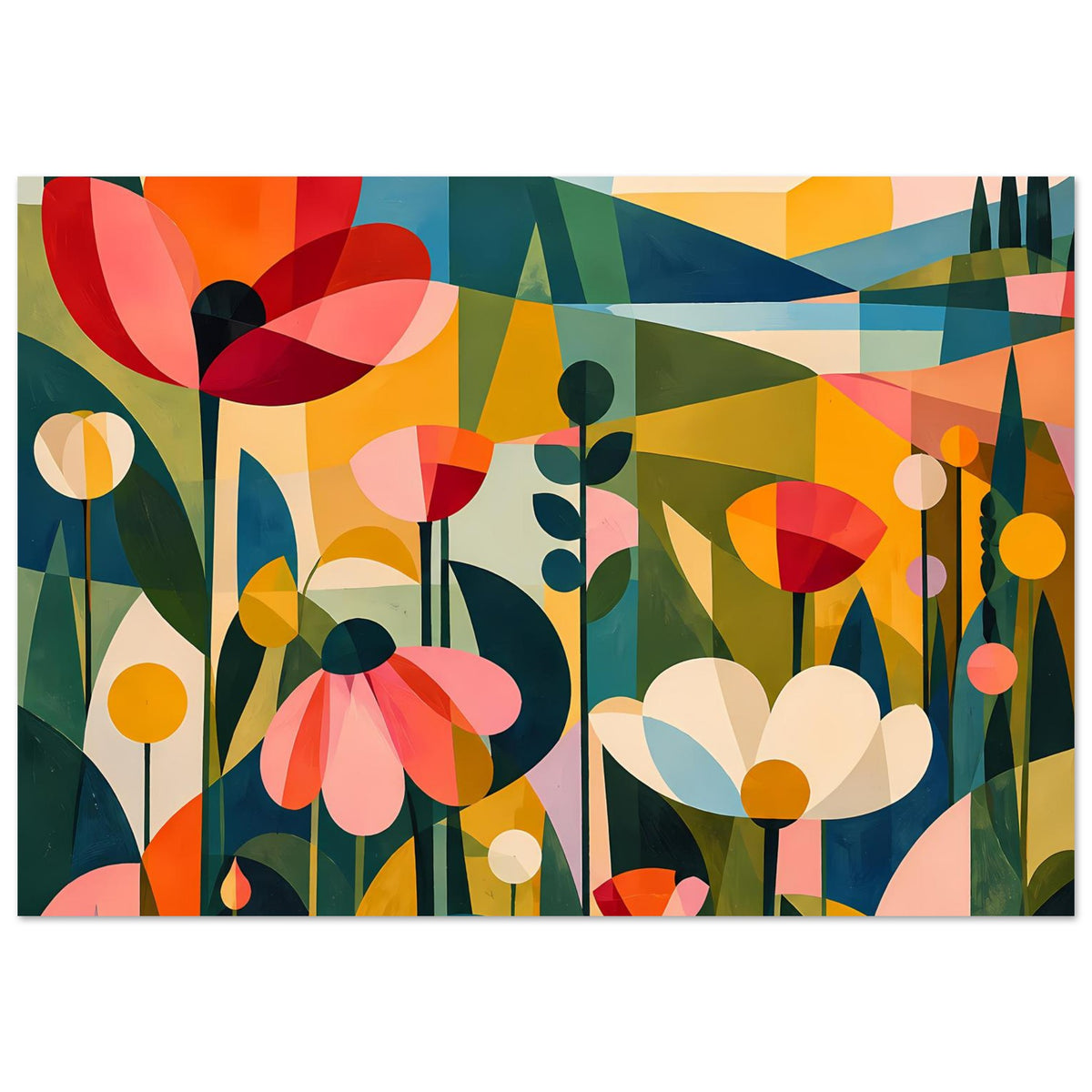 Blumenposter im Querformat mit stilisierten Blüten, runden Punkten und bunten Farbflächen.