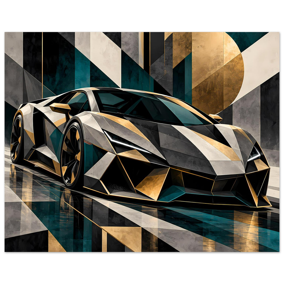 Autoposter: Luxus-Sportwagen mit kantigen Linien, Frontansicht links, Gold und Petrol