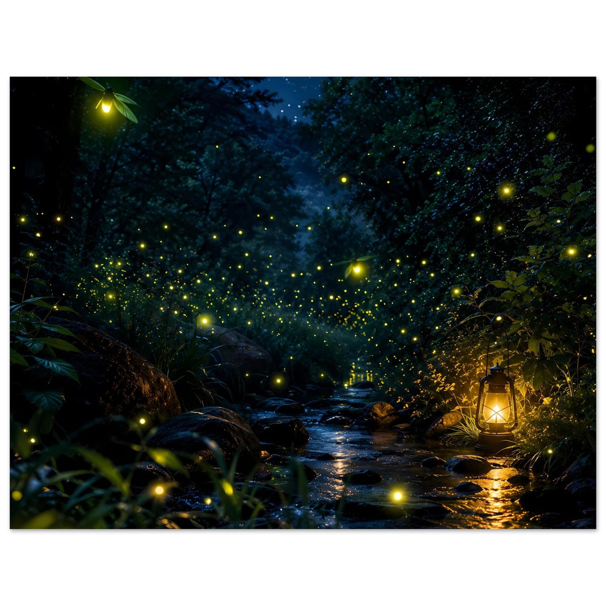 Poster mit Glühwürmchen-Schimmer über Bach und Bäumen, Laterne rechts im Wald