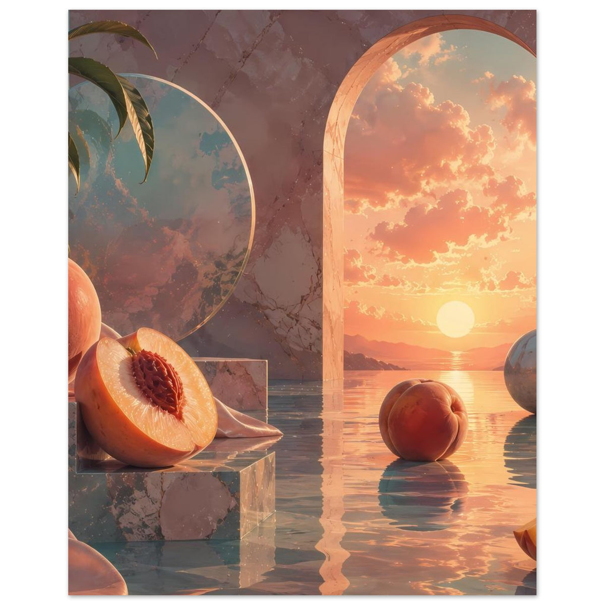 Surreales Poster mit Pfirsichhälfte, Rundbogenportal und Abendhimmel