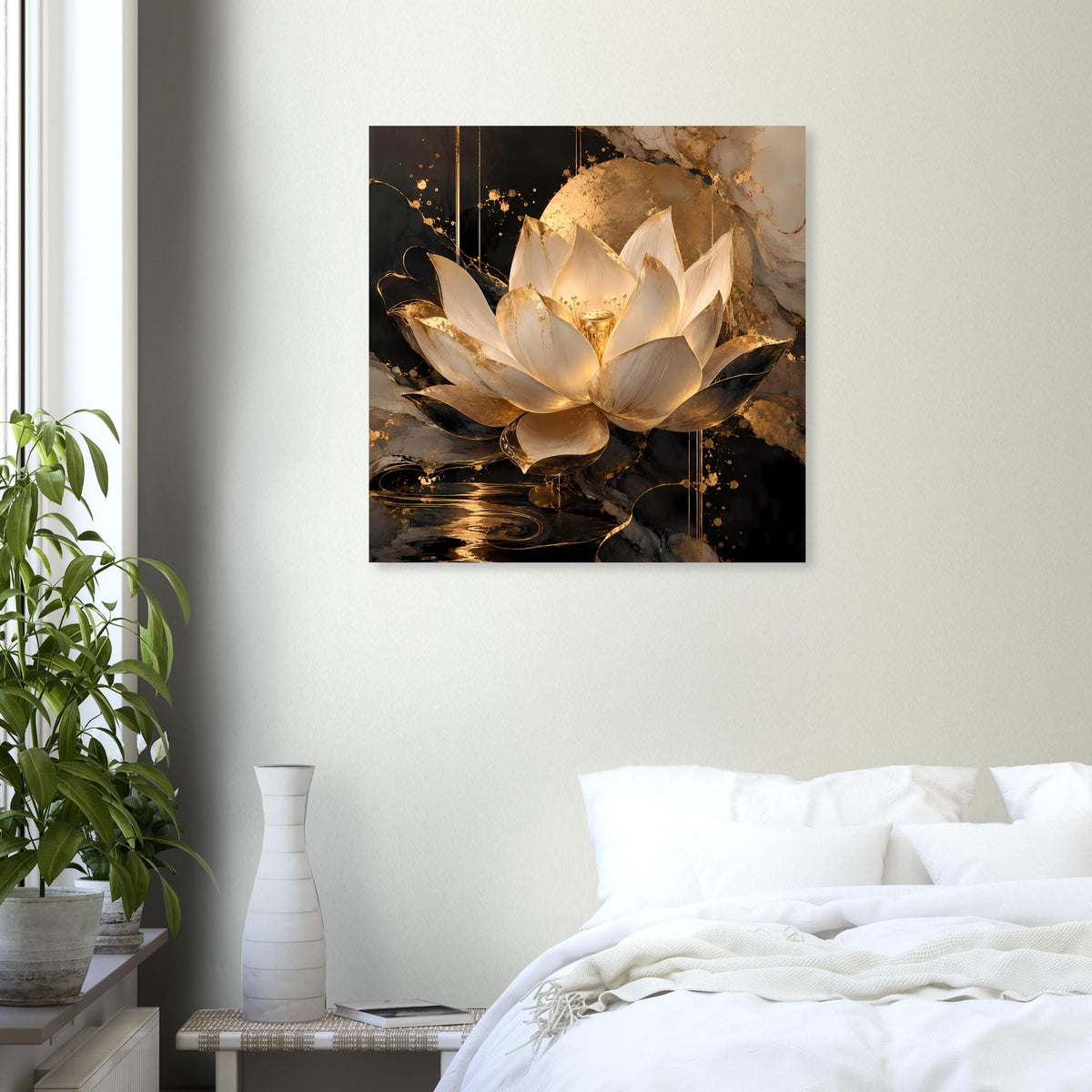 Wandposter mit goldener Lotusblüte und schimmernden Akzenten auf dunklem Hintergrund