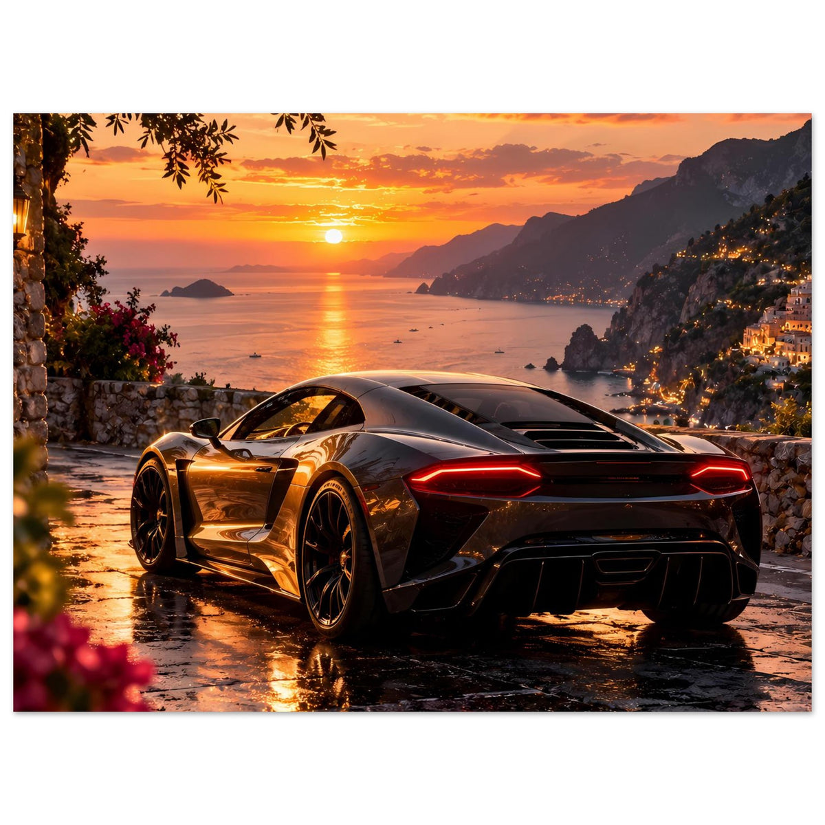 Poster mit Luxus-Sportwagen beim Sonnenuntergang, breiter Blick, rote Rücklichter, Spiegelungen