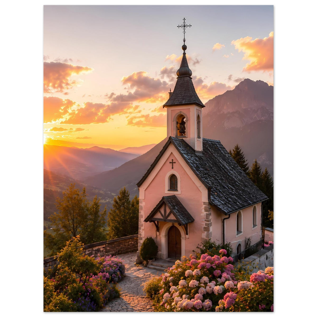Landschaftsposter: Kapelle mit Glockenturm, Kirchenfenster und Blumenbeete neben dem Weg
