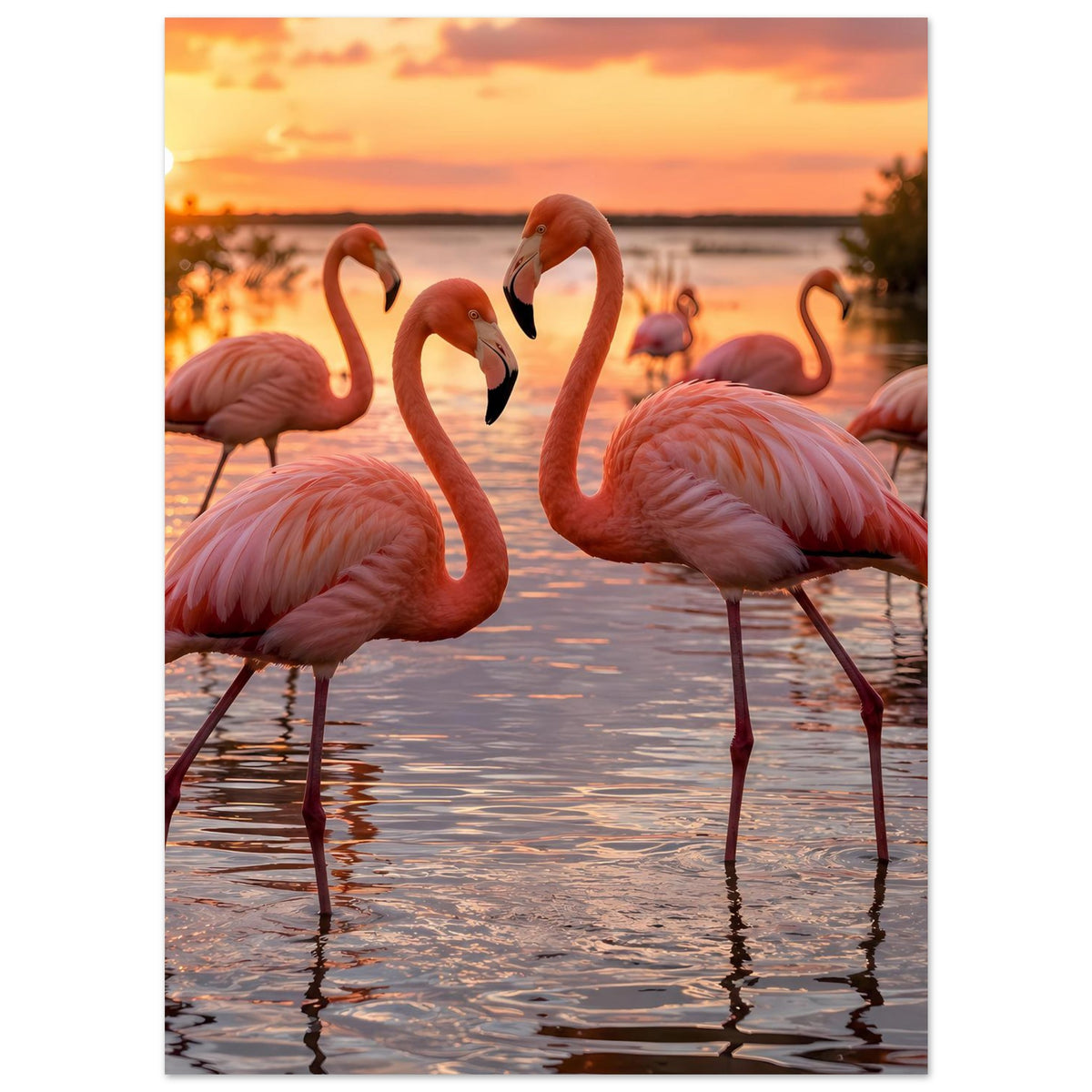 Flamingo-Poster: rosafarbene Flamingos stehen im Wasser bei orangefarbenem Sonnenuntergang