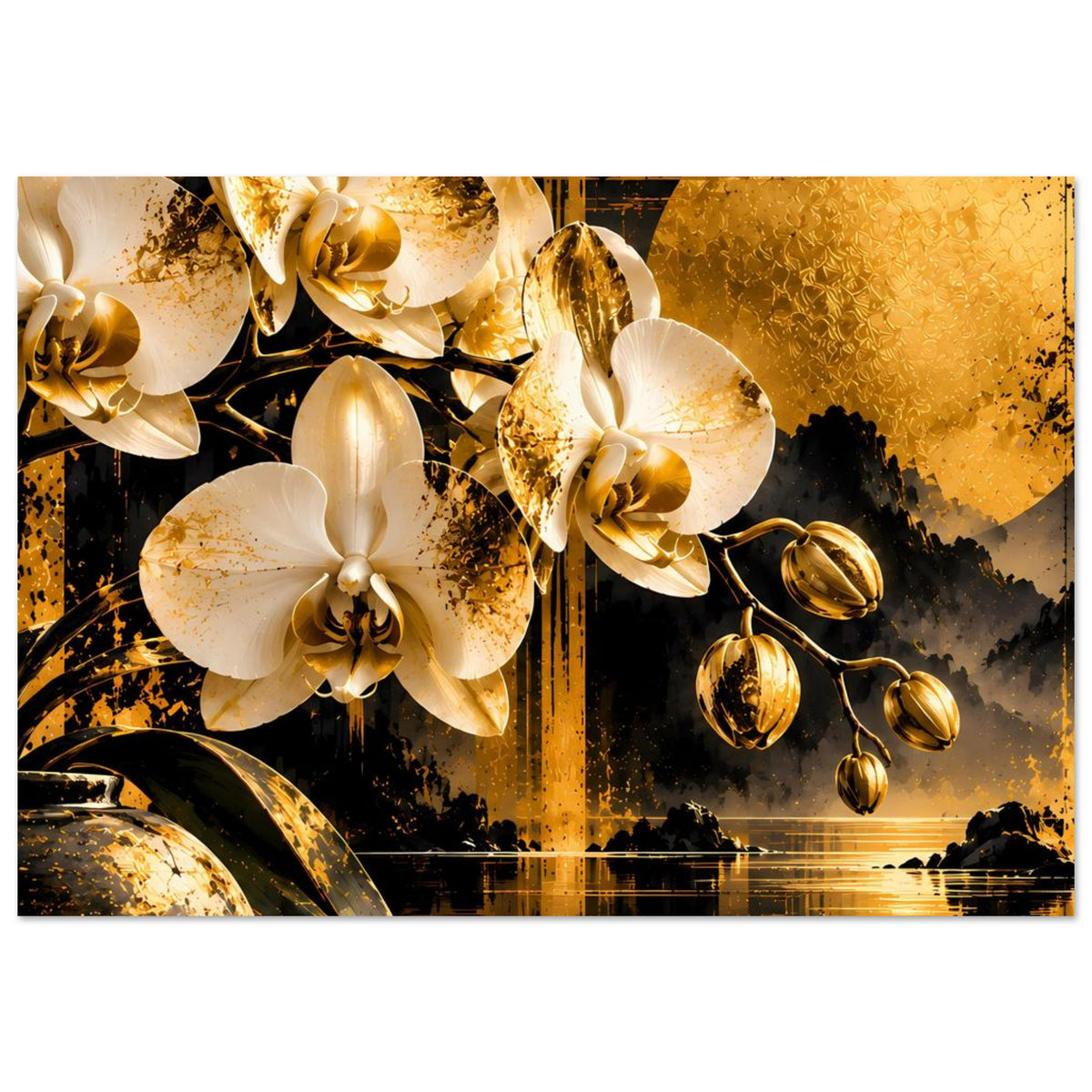 Orchideen-Premiumposter, horizontal: weiße Orchideen, goldene Schatten und Wasserreflexe