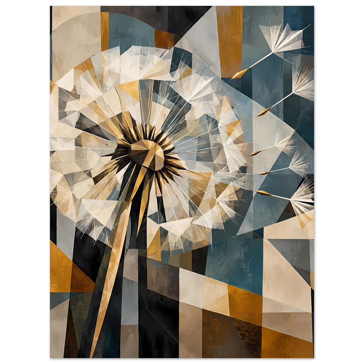 Dandelion-Wandposter mit geometrischem Dandelion-Motiv, drehendem Strahlenkranz