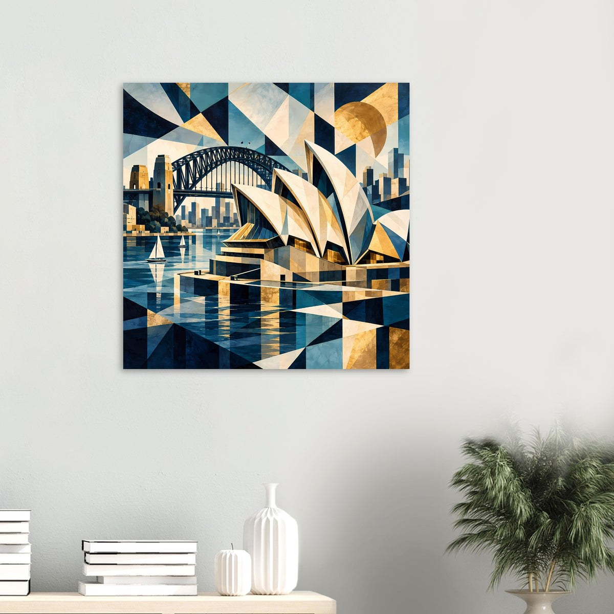 Kunstdruck mit geometrischem Sydney-Motiv: Harbour Bridge, Opernhaus und ruhiges Wasser