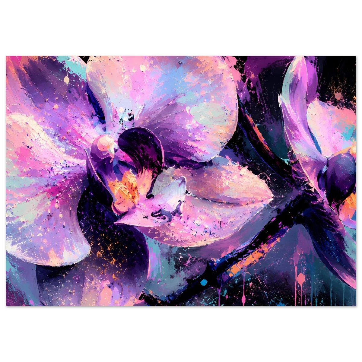 Neon-Orchideenposter mit großen Pastell-Orchideenblüten in Lila und Pink