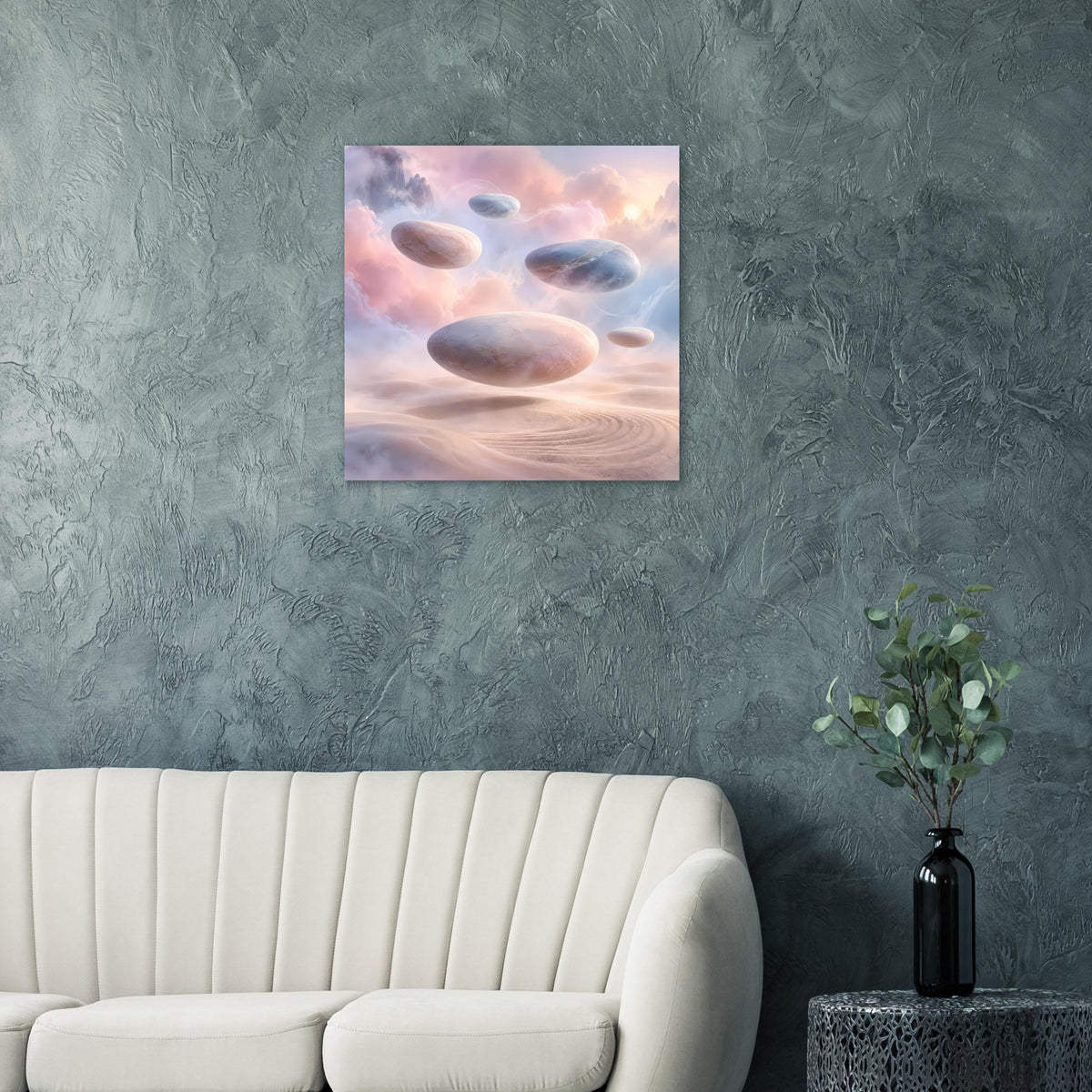 Surreales Poster mit schwebenden Felsen über rosa Wüstendünen