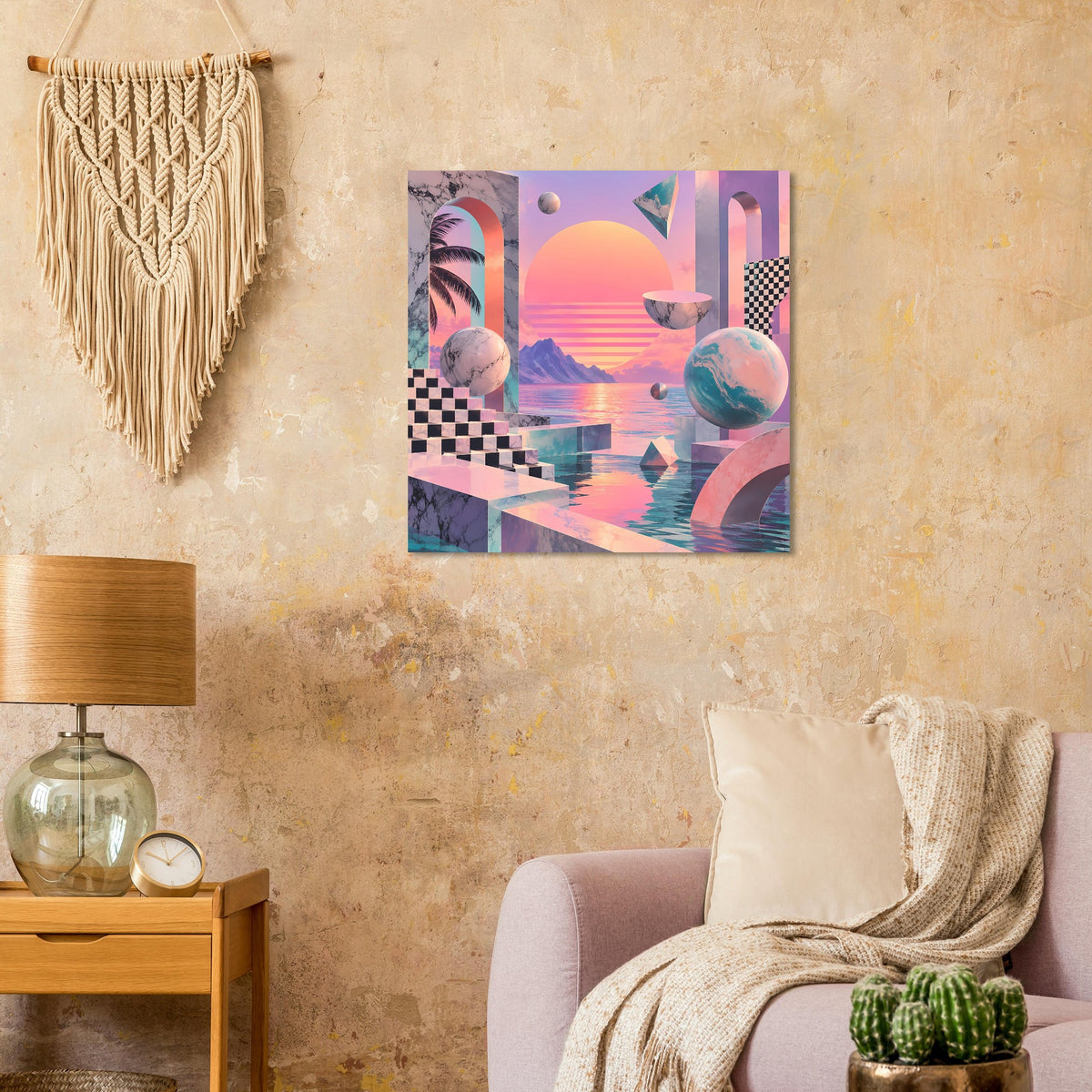 Quadratisches Poster mit pastellfarbenem Sonnenuntergang, abstrakten Figuren und Checkermuster