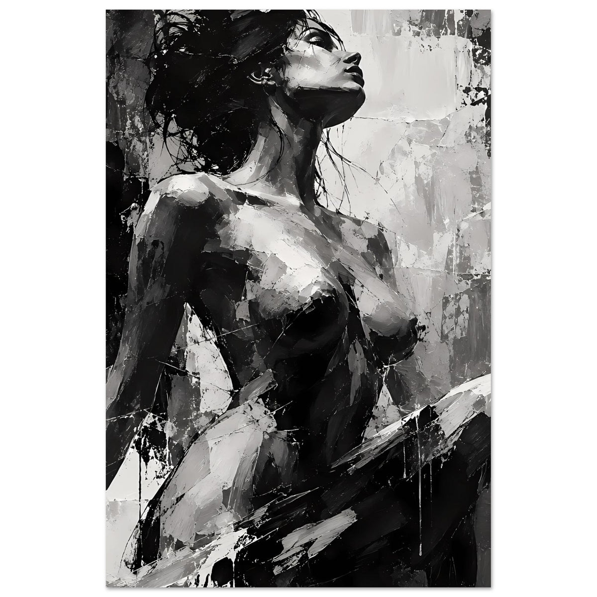 Kunstposter Frauenakt-Porträt in Schwarz-Weiß, Figur nach oben blickend, vertikale Komposition