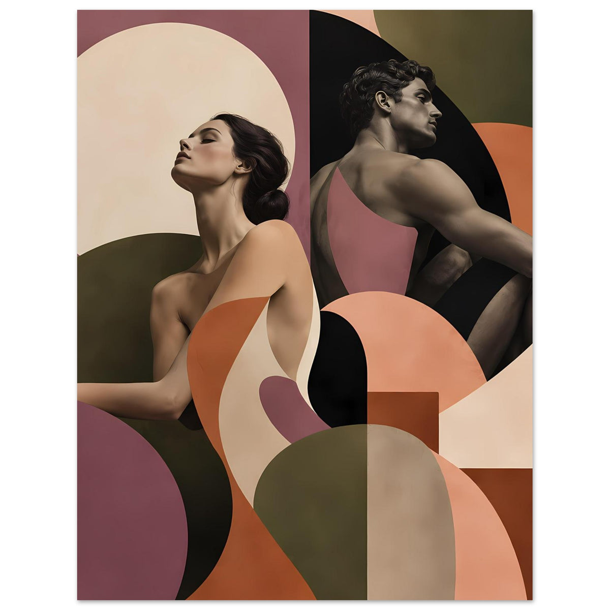 Figurenposter mit zwei Porträts im Hochformat, stilisierte Frauen in Terrakotta- und Mauve-Farben.