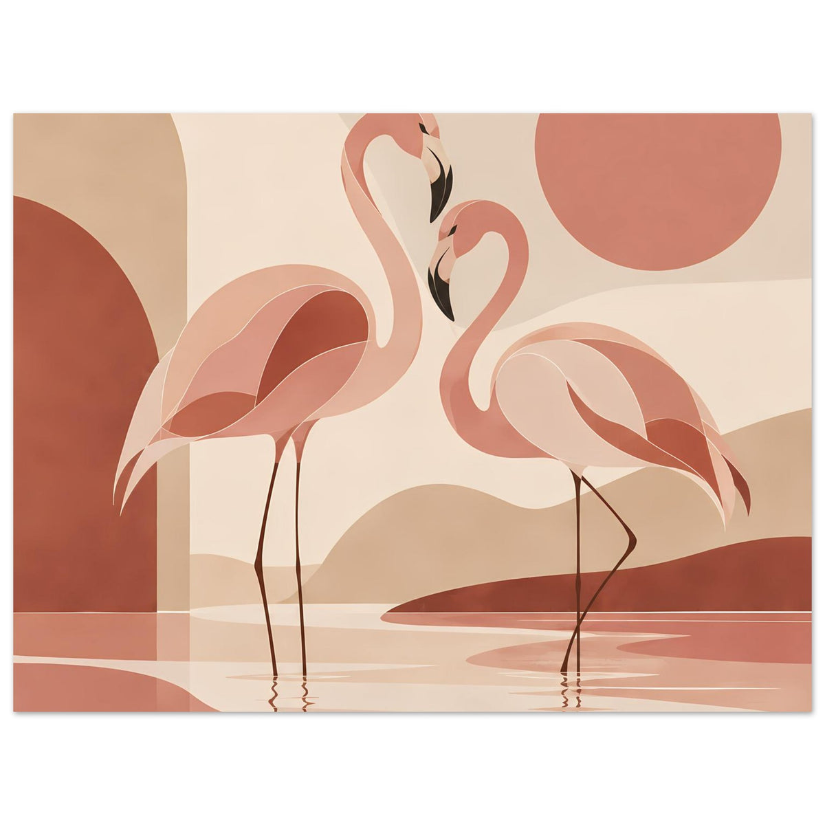 Naturposter: zwei Flamingos mit geschwungenen Hälsen, Pastellfarben, abstrakte Kreisformen