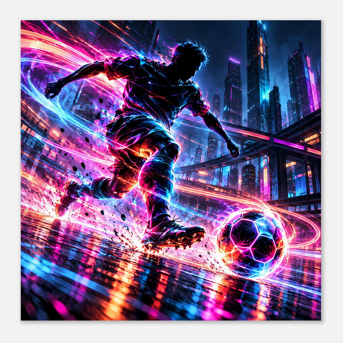 Neon-Fußball-Actionposter: Spieler im Flug, Regen aus Partikeln, neonfarbener Fußball und Lichtkreise
