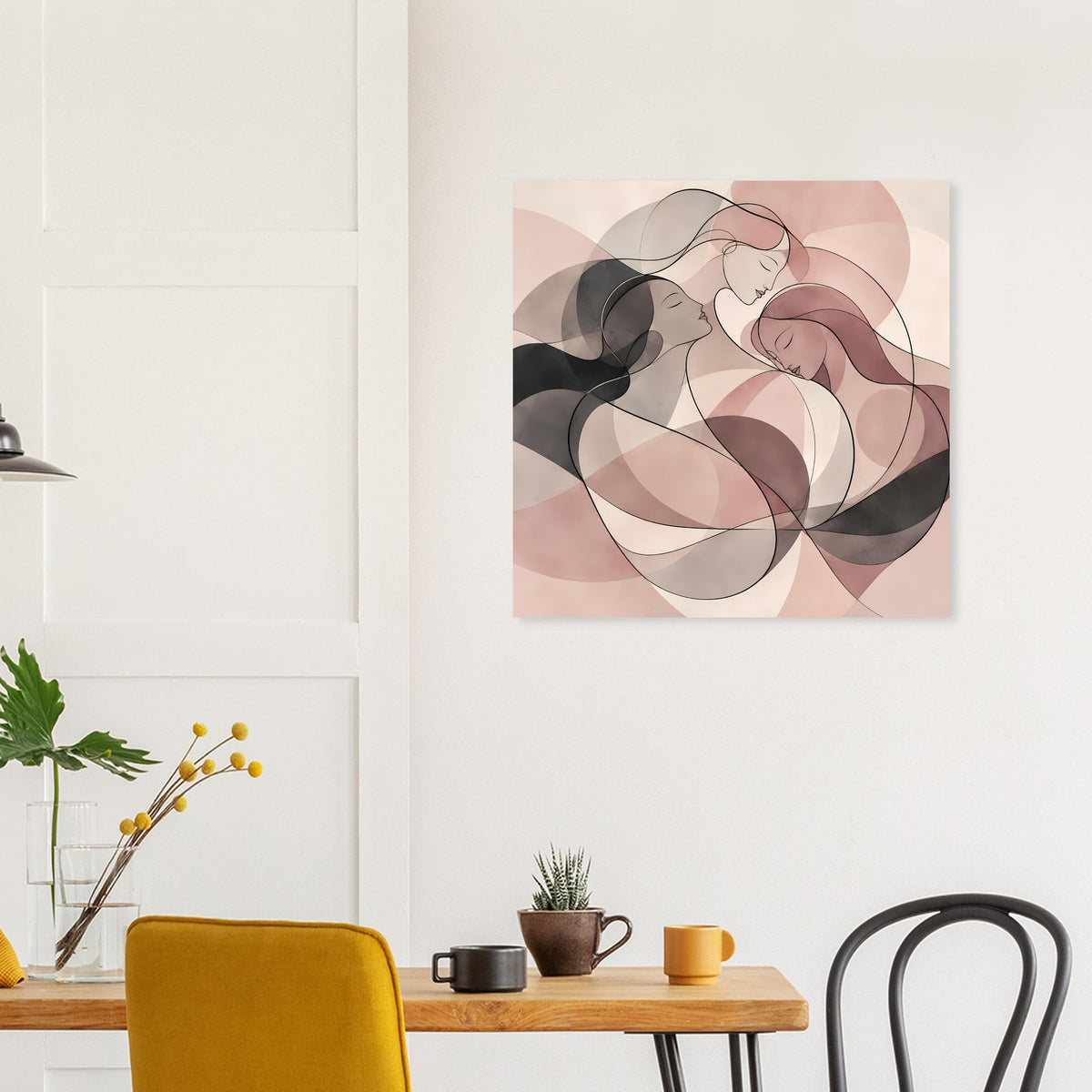 Abstraktes Poster in Rosé, Creme und Schwarz mit verschlungenen Linien