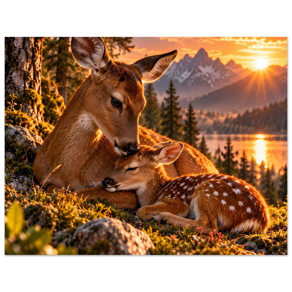 Poster im Hochformat: Hirsch und junges Reh, Abendsonne, Tannen und ruhiger See