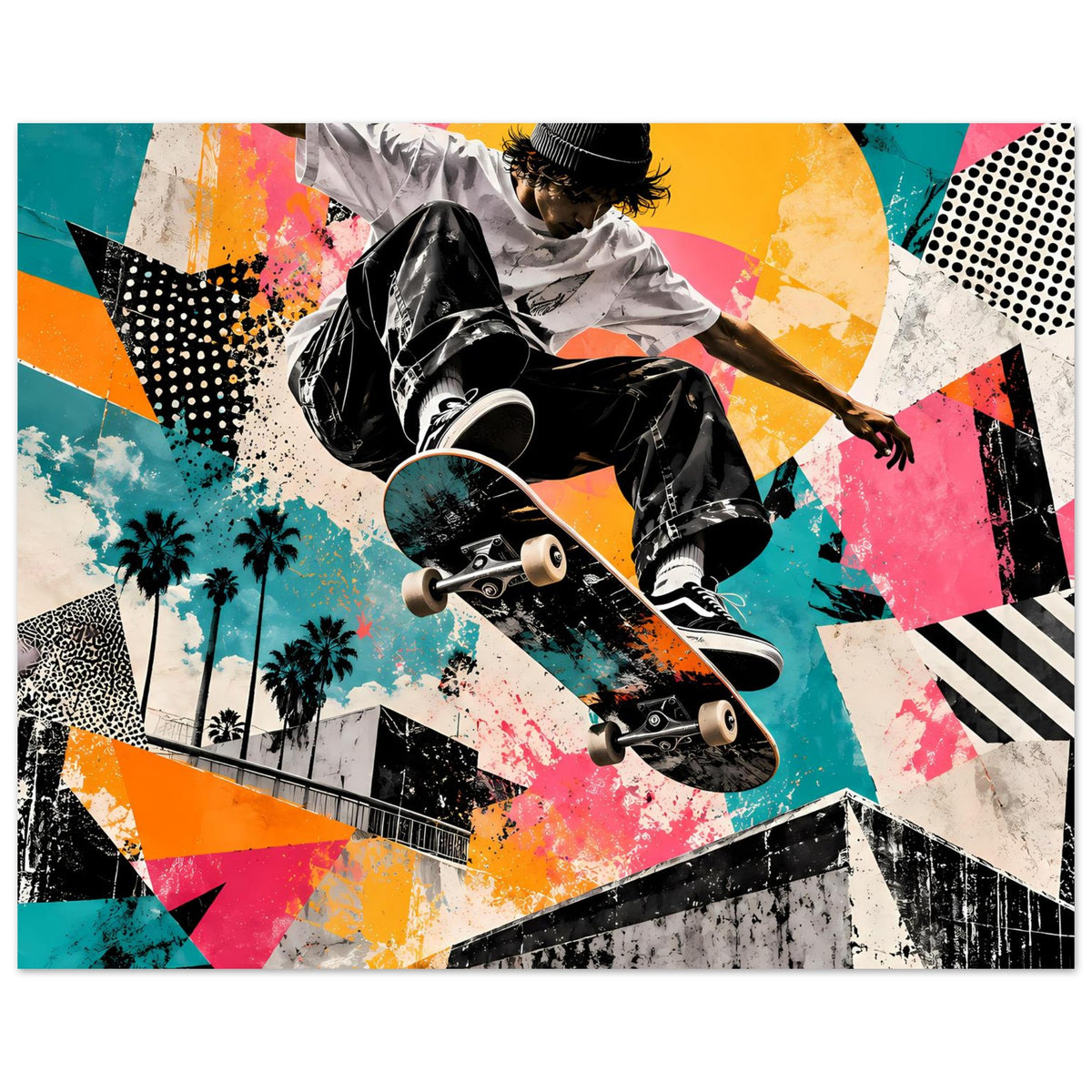 Poster im Querformat: Skateboarder in Bewegung vor farbiger Street-Art-Grafik