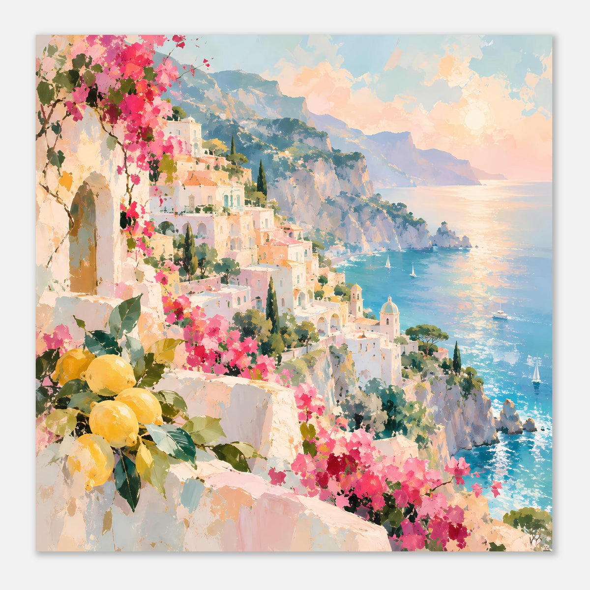 Mediterranes Küstenstadt-Poster im Quadratformat, pinke Blüten, blaues Meer und Berge