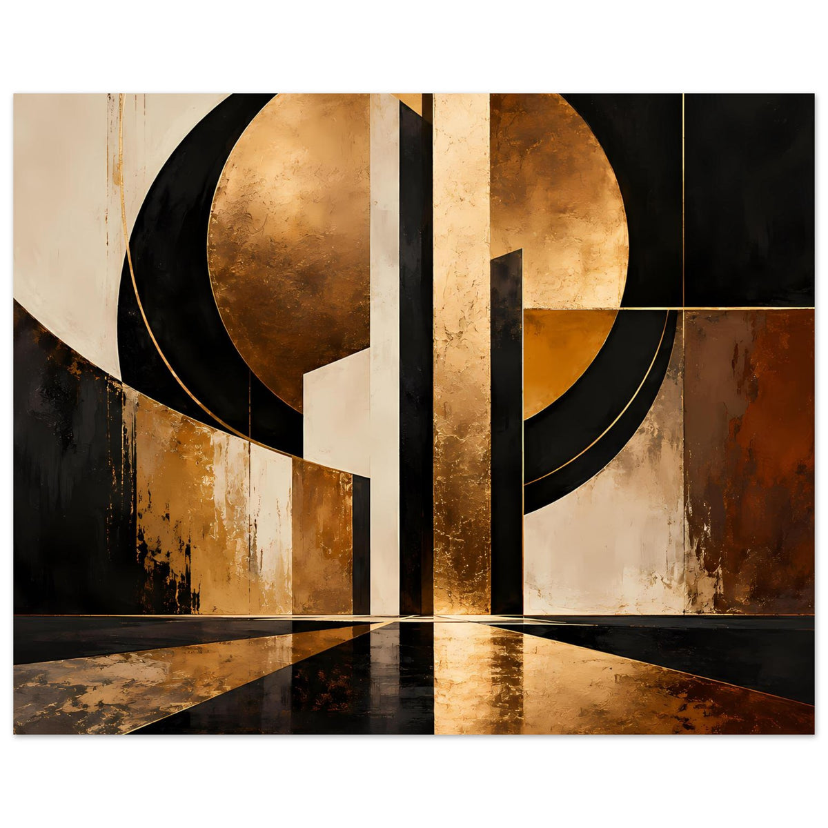 Abstraktes Gold-Schwarz Poster mit ringförmigen Formen, senkrechten Balken und Bruchlinien