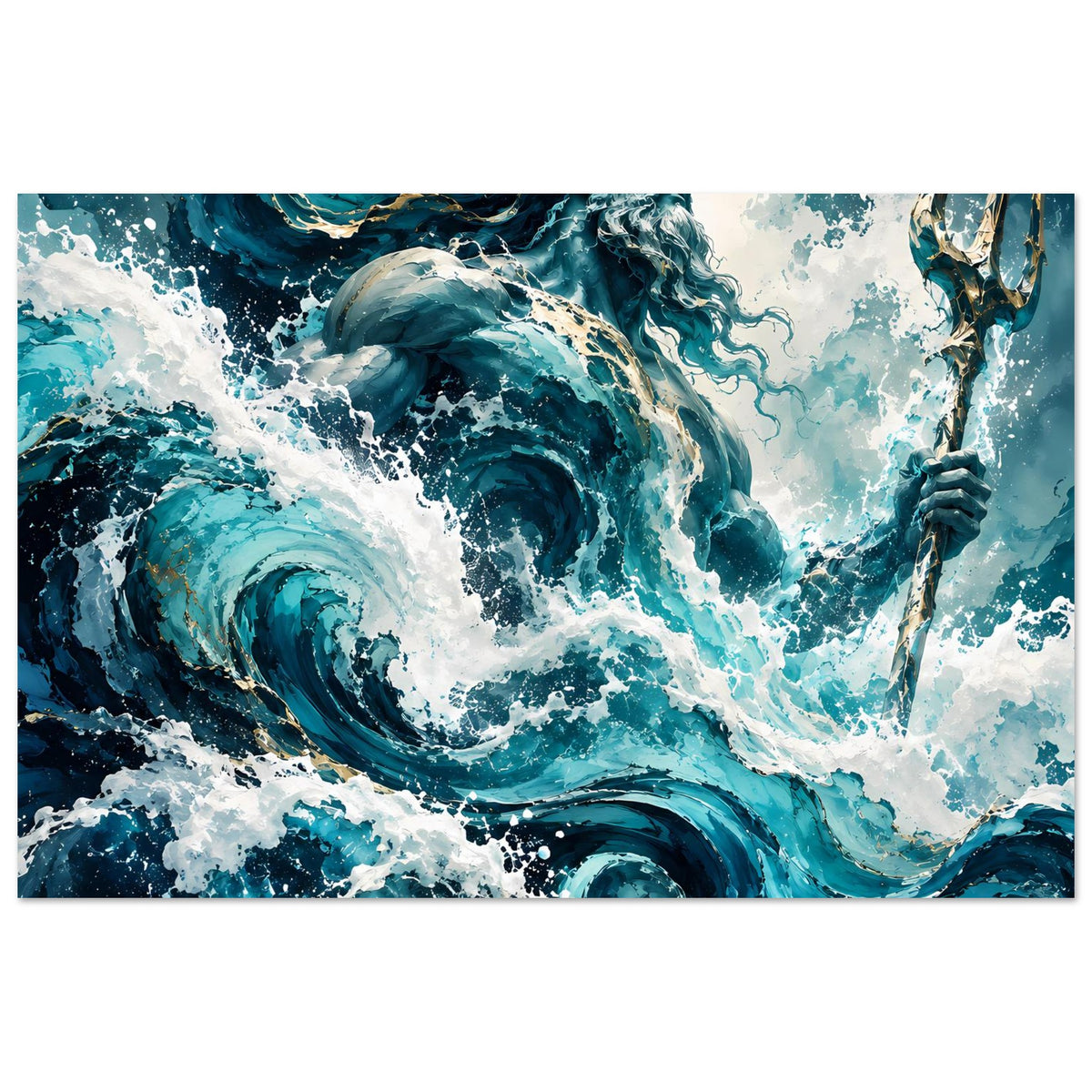 Querformat-Poster mit Meer-Gott-Motiv: kräftige blaue Strömungen, weißer Schaum und goldene Akzente.