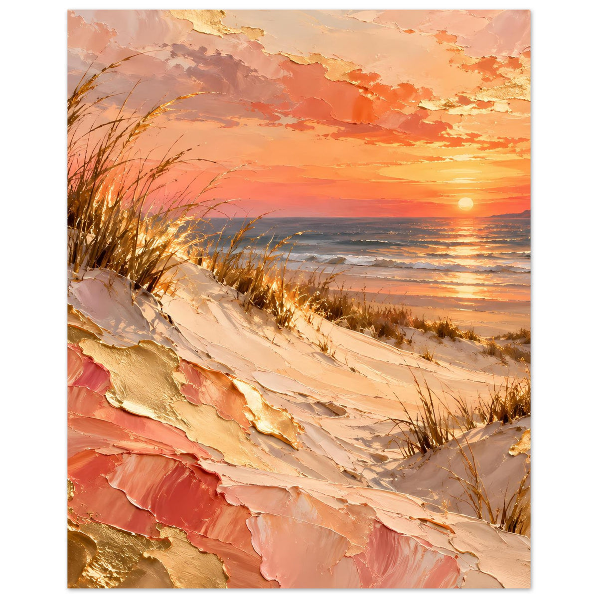 Vertikales Meerposter mit Sonnenuntergang, Strandgras und Wellenreflexen in Gold