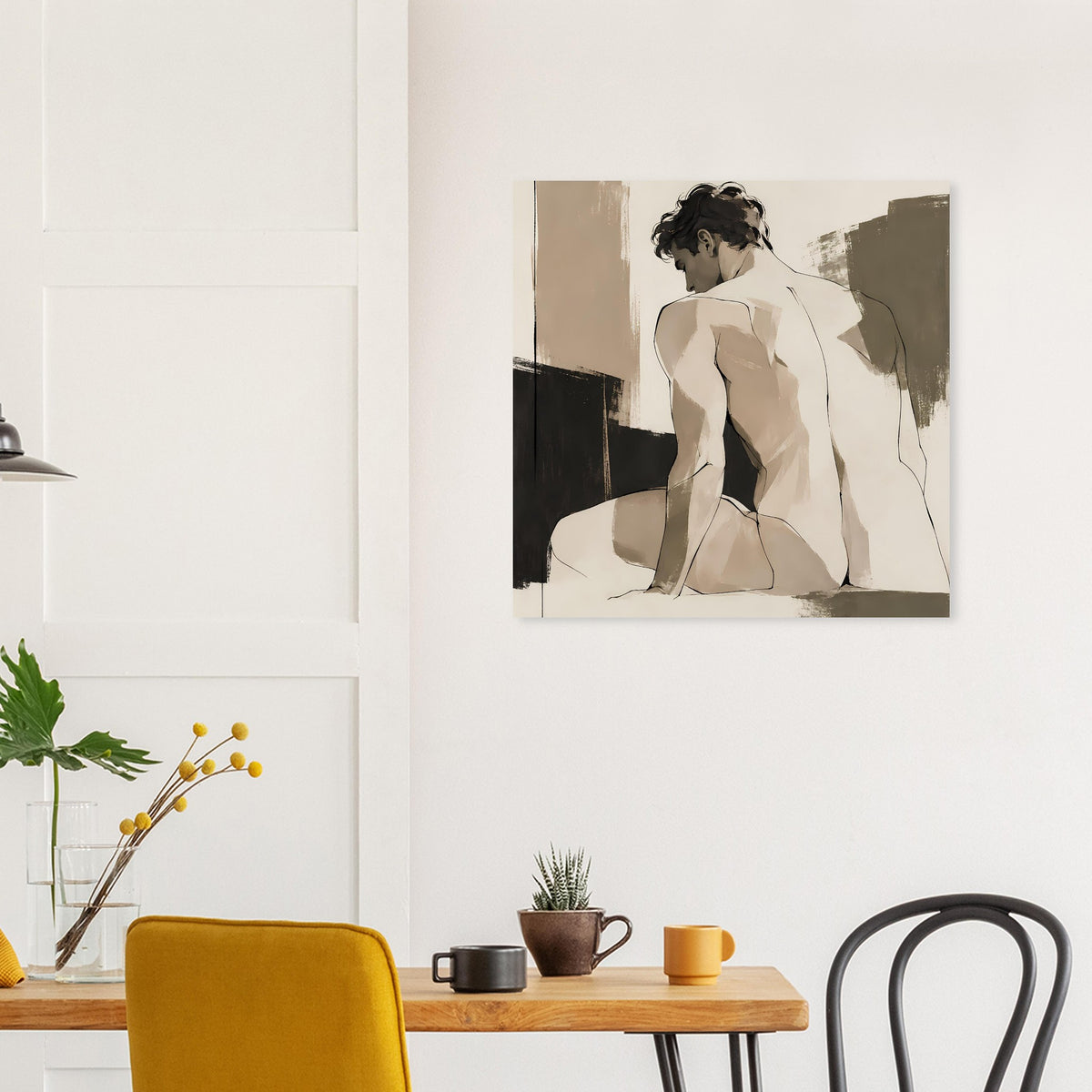 Kunstdruck mit Aktfigur in beigen Sepia-Tönen, gemalte abstrakte Hintergründe