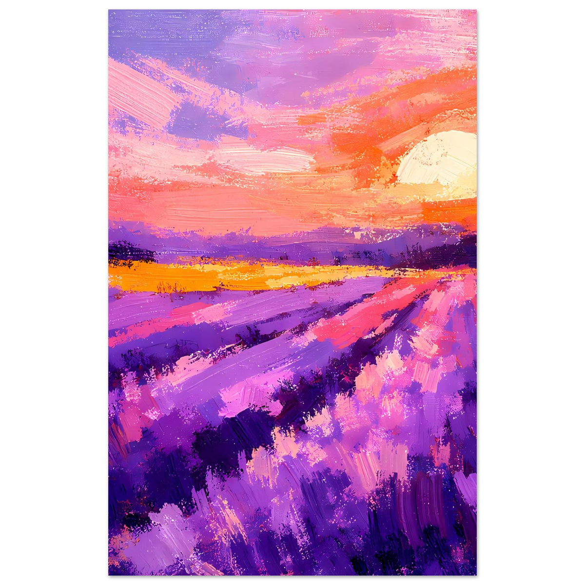 Vertikales Poster mit Lavendelfeld in Violett und Pink, orangefarbene Wolken
