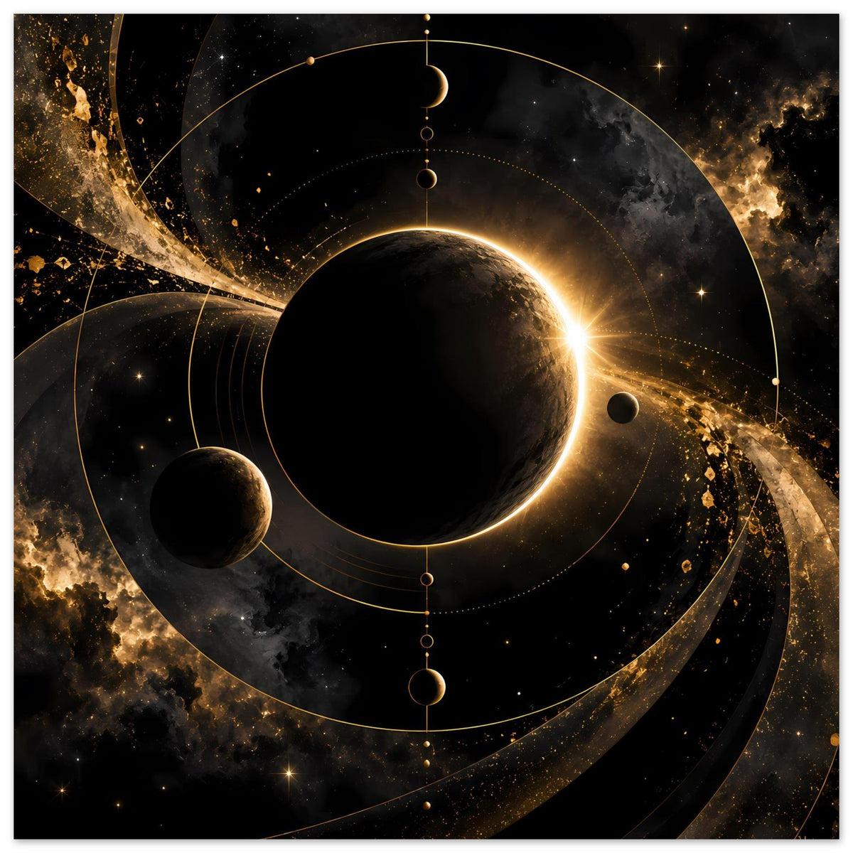 Weltraum-Poster: schwarzer Planet mit goldenen Kreisbahnen, kleiner Mond links und leuchtender Sonne rechts