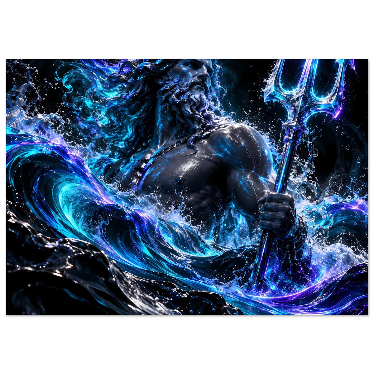 Poster mit Poseidon: Fokus auf Dreizack und kräftig leuchtende Ozeanblau-Flammen