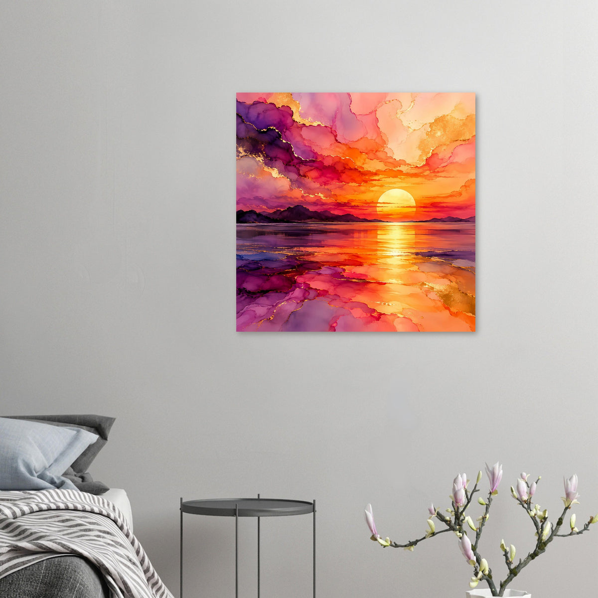 Kleines Sonnenuntergangs-Poster mit goldener Sonne und violett-orangenen Farbverläufen