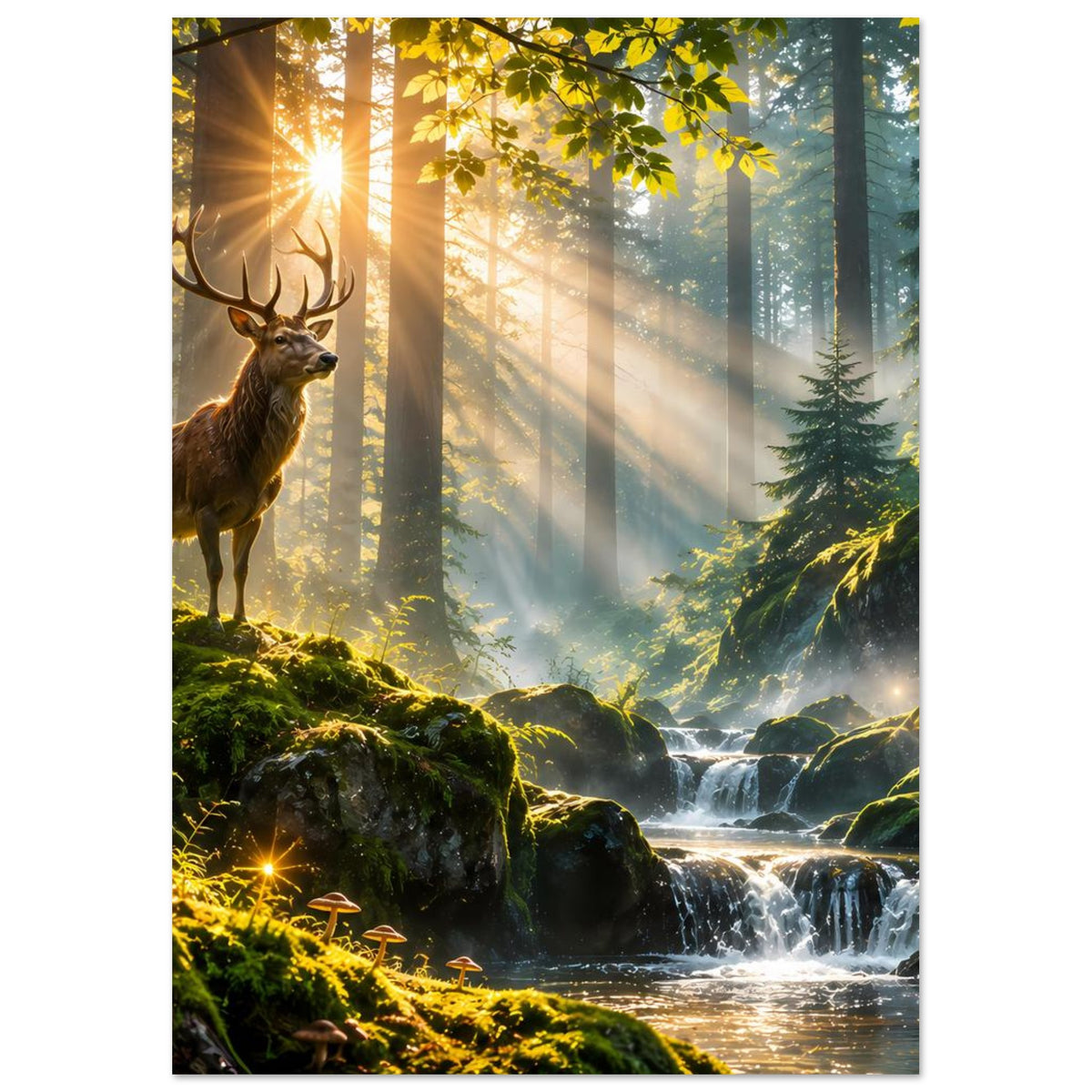 Wandposter mit Hirsch im Wald, leuchtende Sonne zwischen Bäumen, Wasserfall im Vordergrund