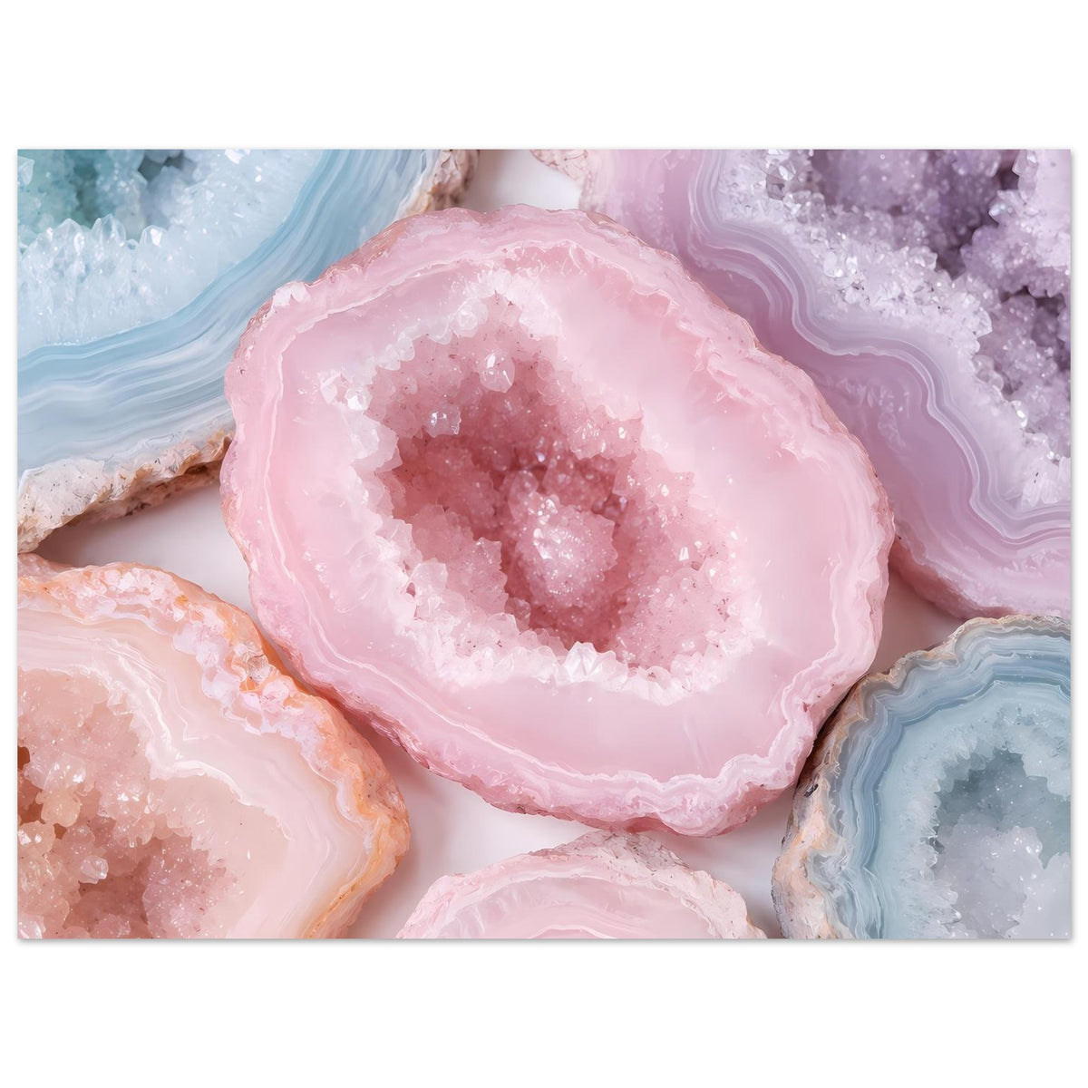 Poster mit rosa Kristallgeode, violetten Drüsen und blauen Achatflächen im Hintergrundmuster