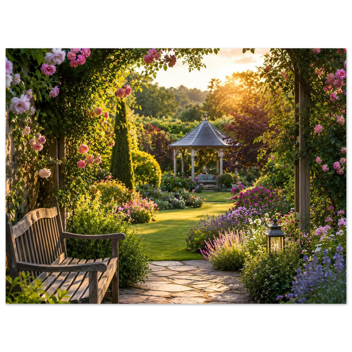 Gartenposter mit Gartenweg, Gartenlaube, blühenden Sträuchern, Holzbank und Laterne