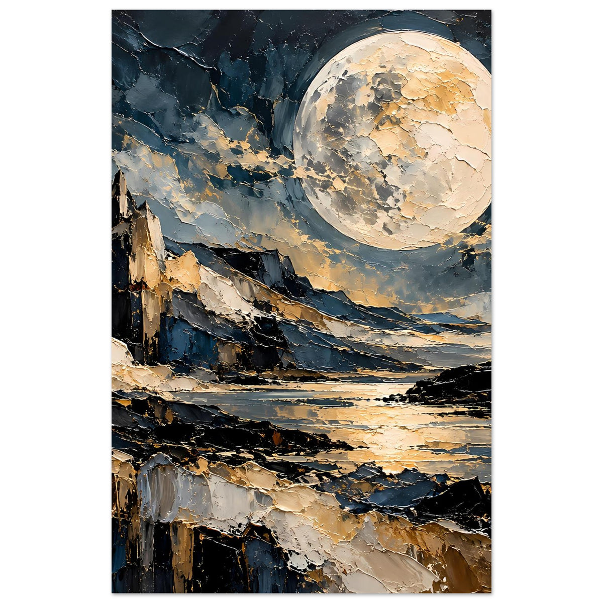 Mondschein-Poster, vertikales Motiv mit goldenem Vollmond über Bergen und See