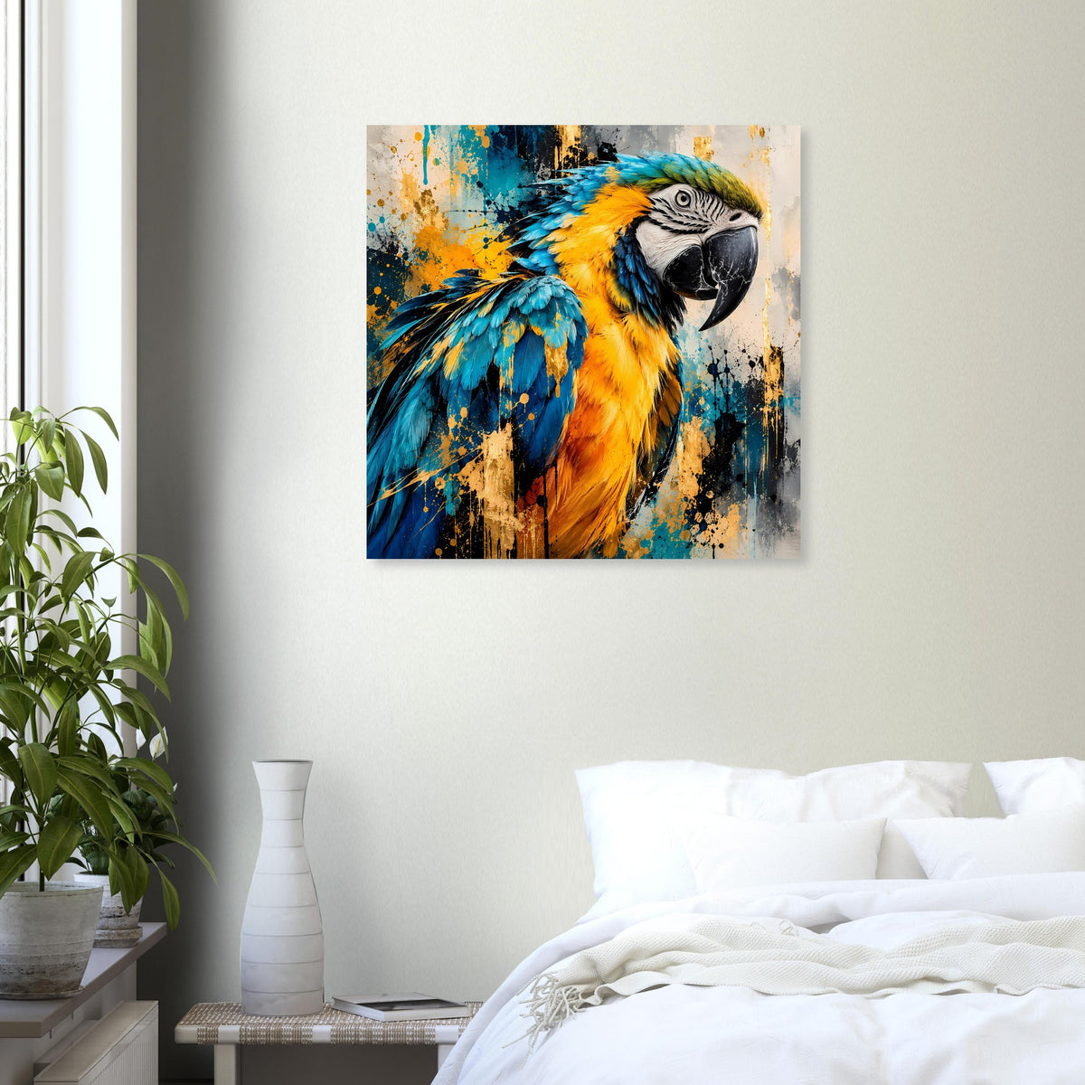 Quadratisches Poster mit Papagei-Porträt, Blau- und Gelbtöne mit Sprenkeln