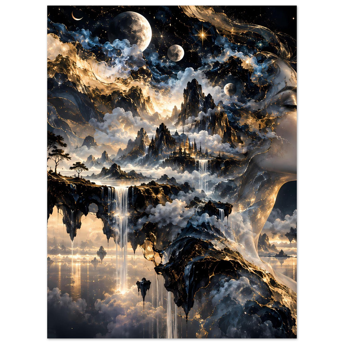 Kunstposter mit seitlichem Gesicht im Traumhimmel, Sternenpunkten und leuchtender Stadt im Nebel