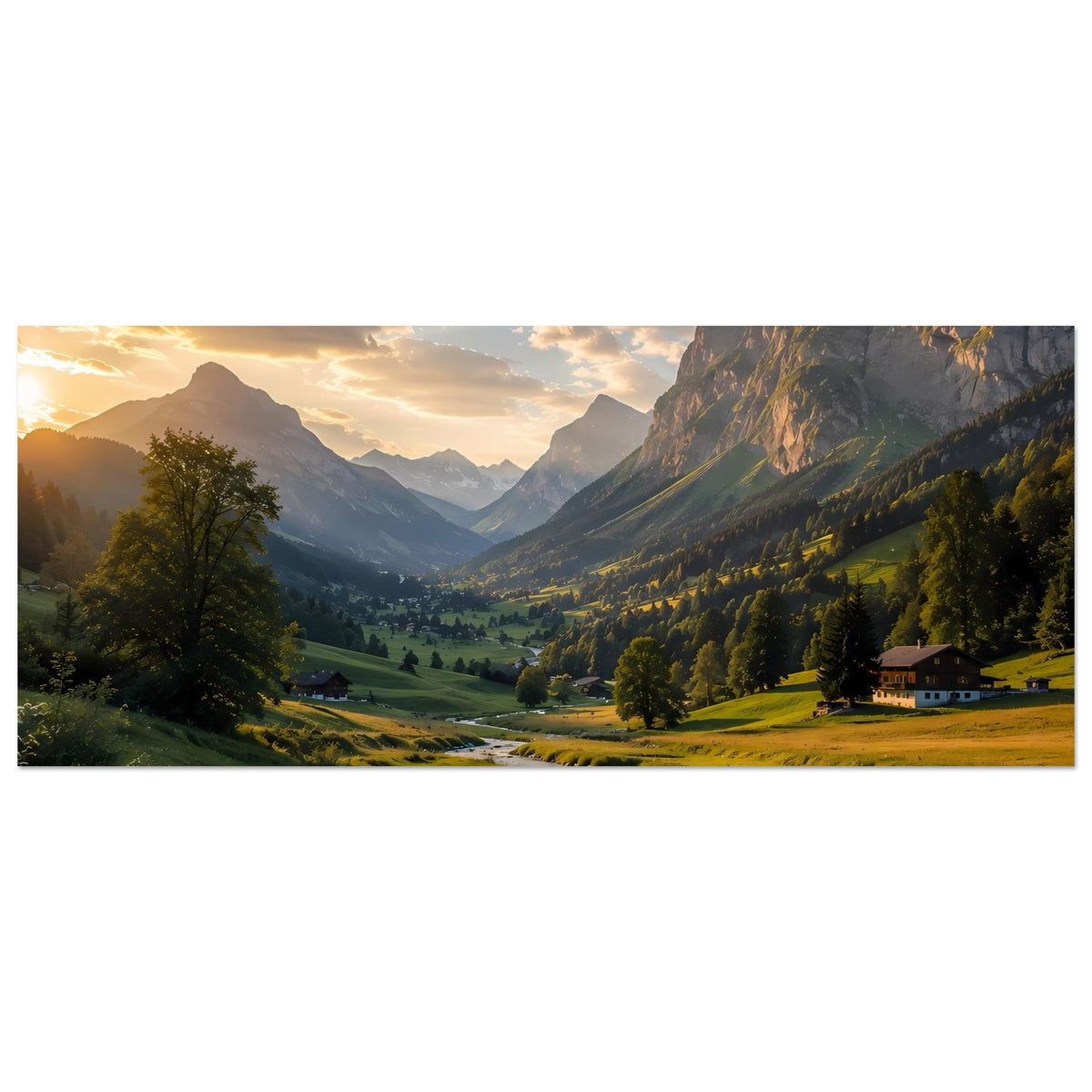 Horizontales Poster: Alpenwiese, Fluss und Berge bei Sonnenuntergang