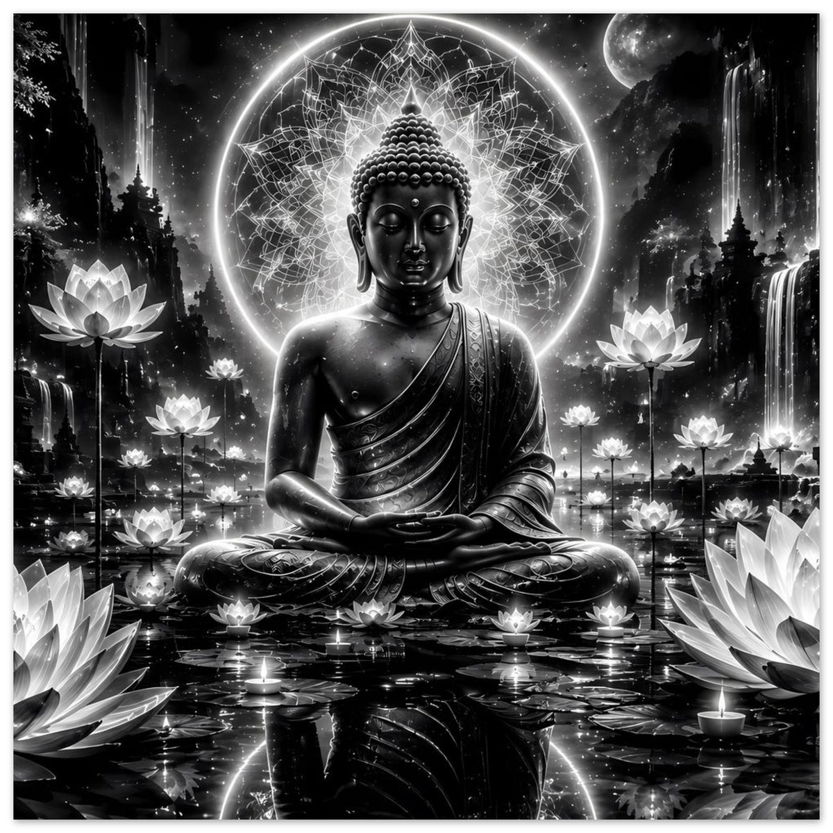 Buddha-Poster in Schwarzweiß mit sitzendem Buddha, leuchtender Aura und Lotusdekor