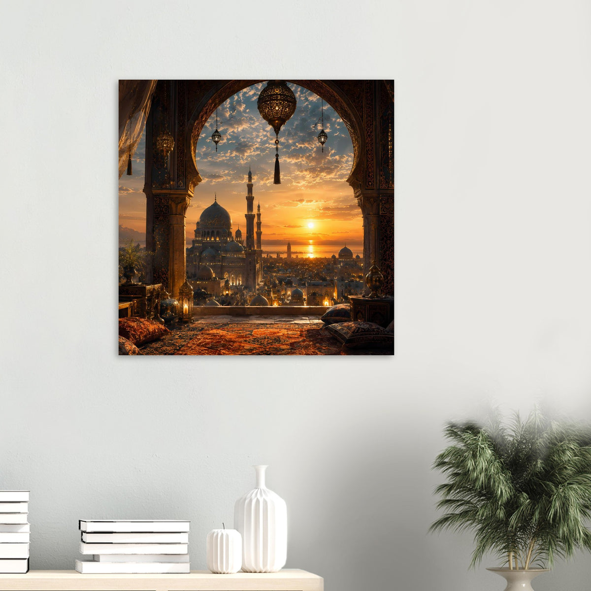 Quadratisches Poster mit Moschee im Sonnenuntergang durch Rundbogenfenster