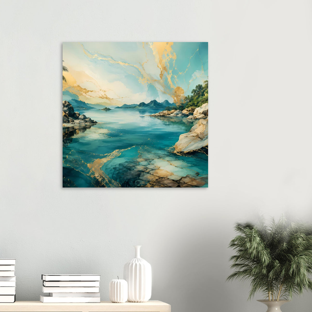 Quadratischer Wandposter mit Küstenlandschaft: türkisfarbenes Wasser, Felsen, dramatischer Himmel