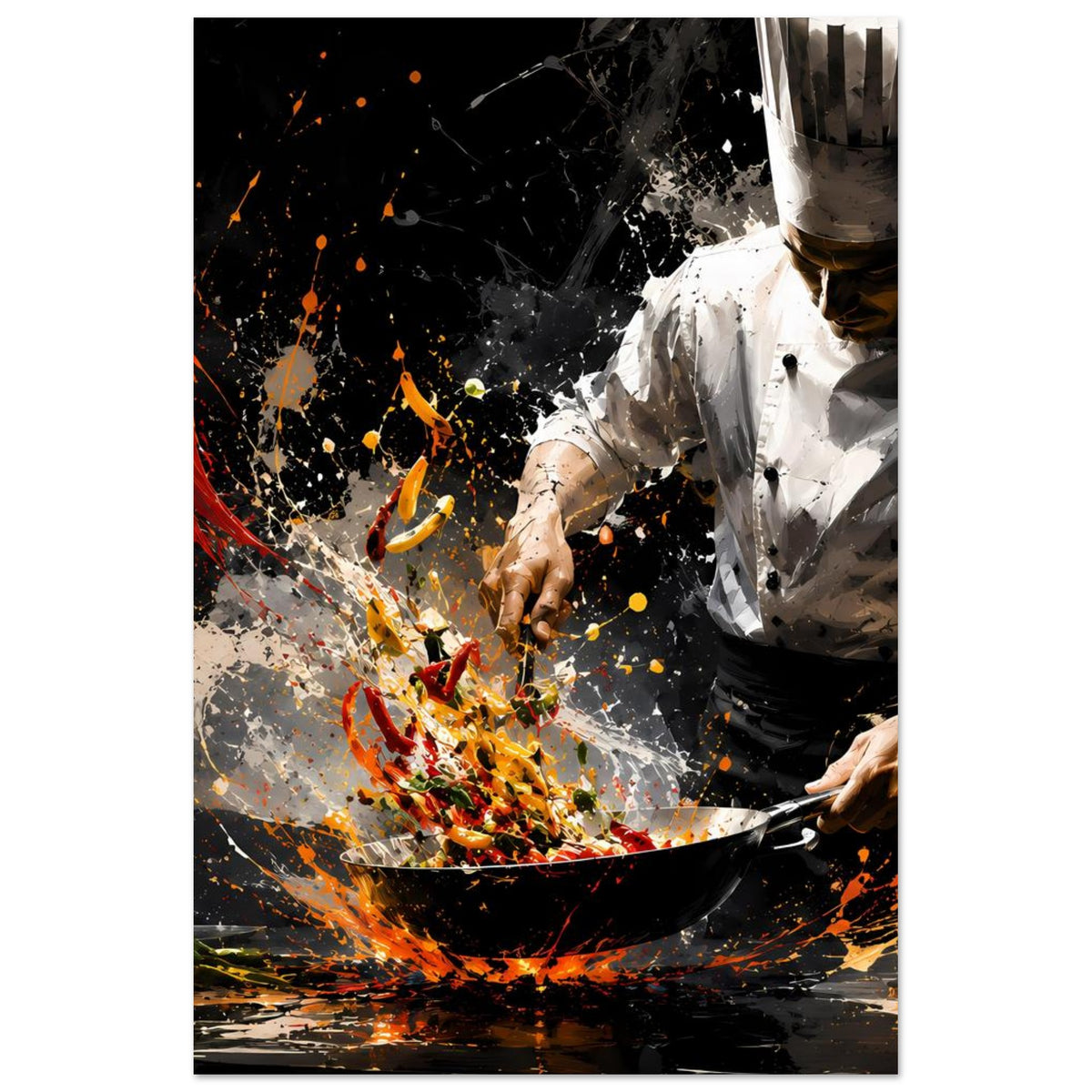 Küchenchef-Actionposter im Hochformat: Kochjacke, Pfanne im Bild, Spritzer in Rot und Gelb.