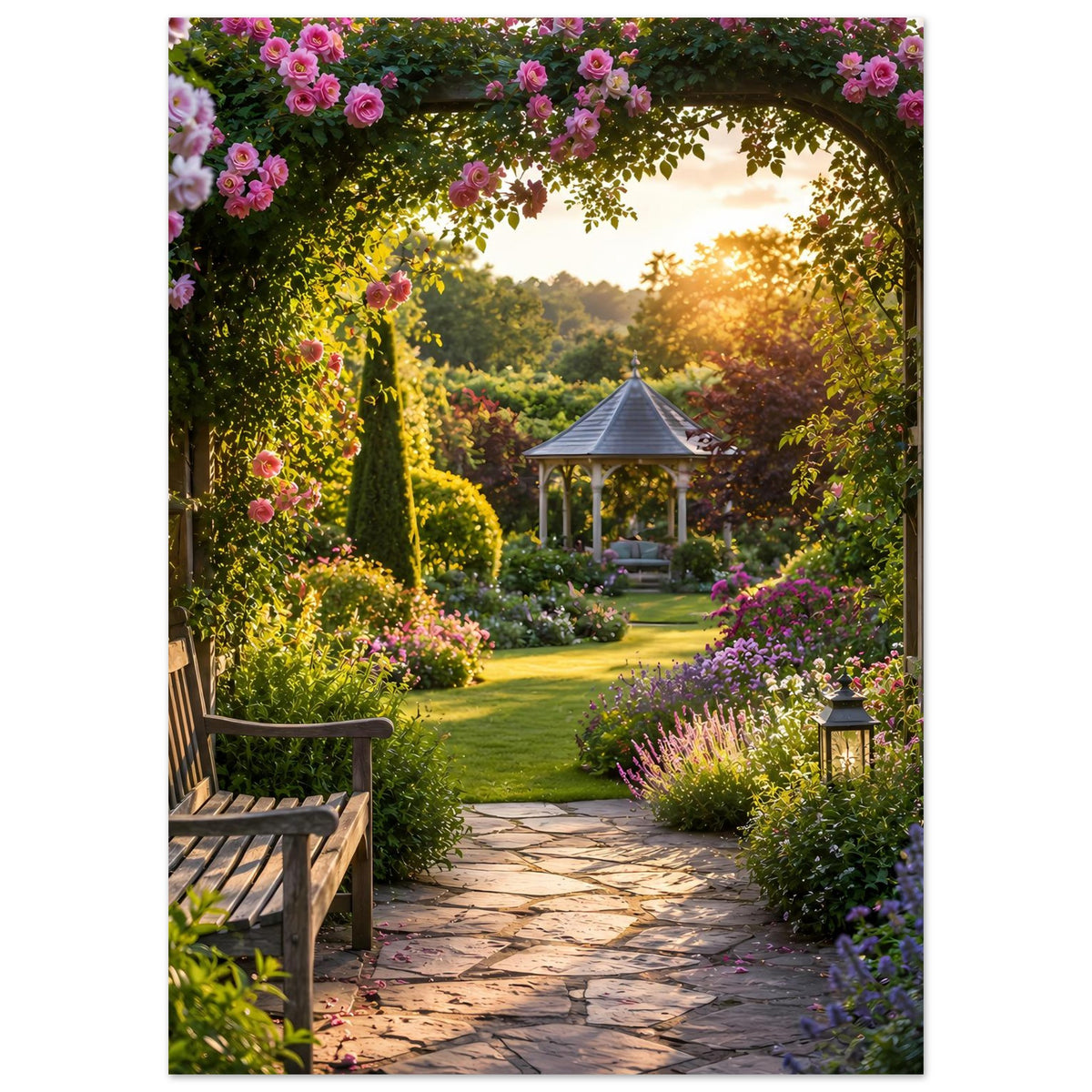 Vertikales Wandposter mit Gartenweg, Holzbank links und Blumen am Torbogen