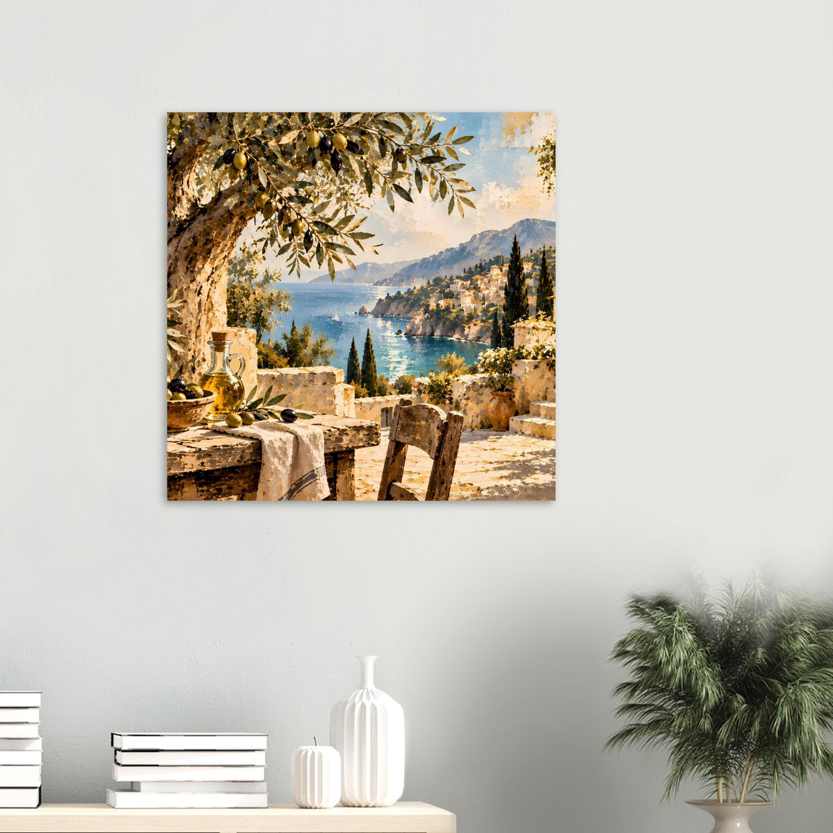 Quadratisches Poster auf mattem Papier: Terrasse am Meer, Felsenküste, Palmenzweig