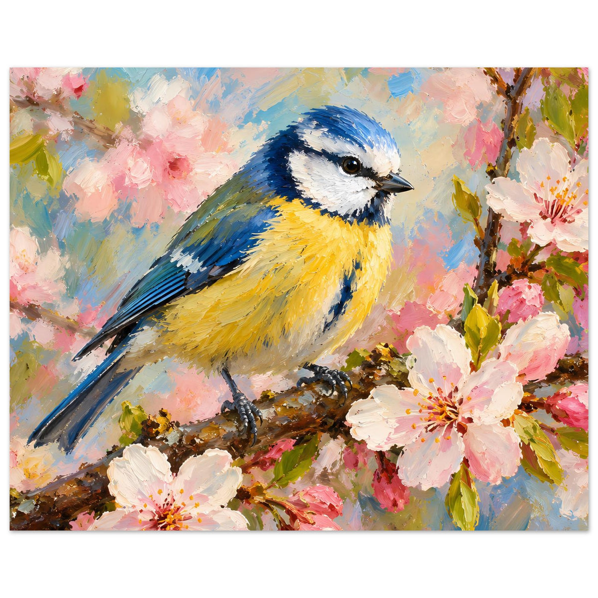 Poster: Blau-gelber Vogel auf dunklem Ast mit rosafarbenen Blüten