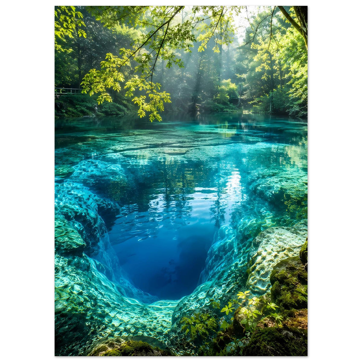 Wandposter im Hochformat: türkisblauer Flusslauf, grüne Büsche und Felsen an beiden Seiten