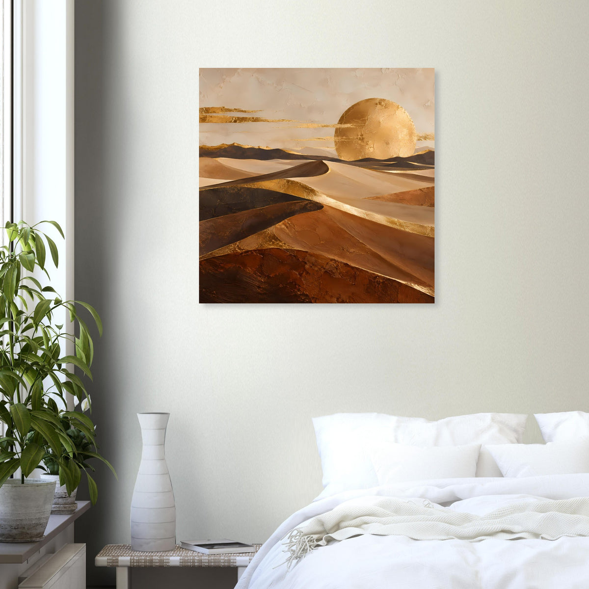Poster mit Wüstenlandschaft und goldener Sonne im Querformat