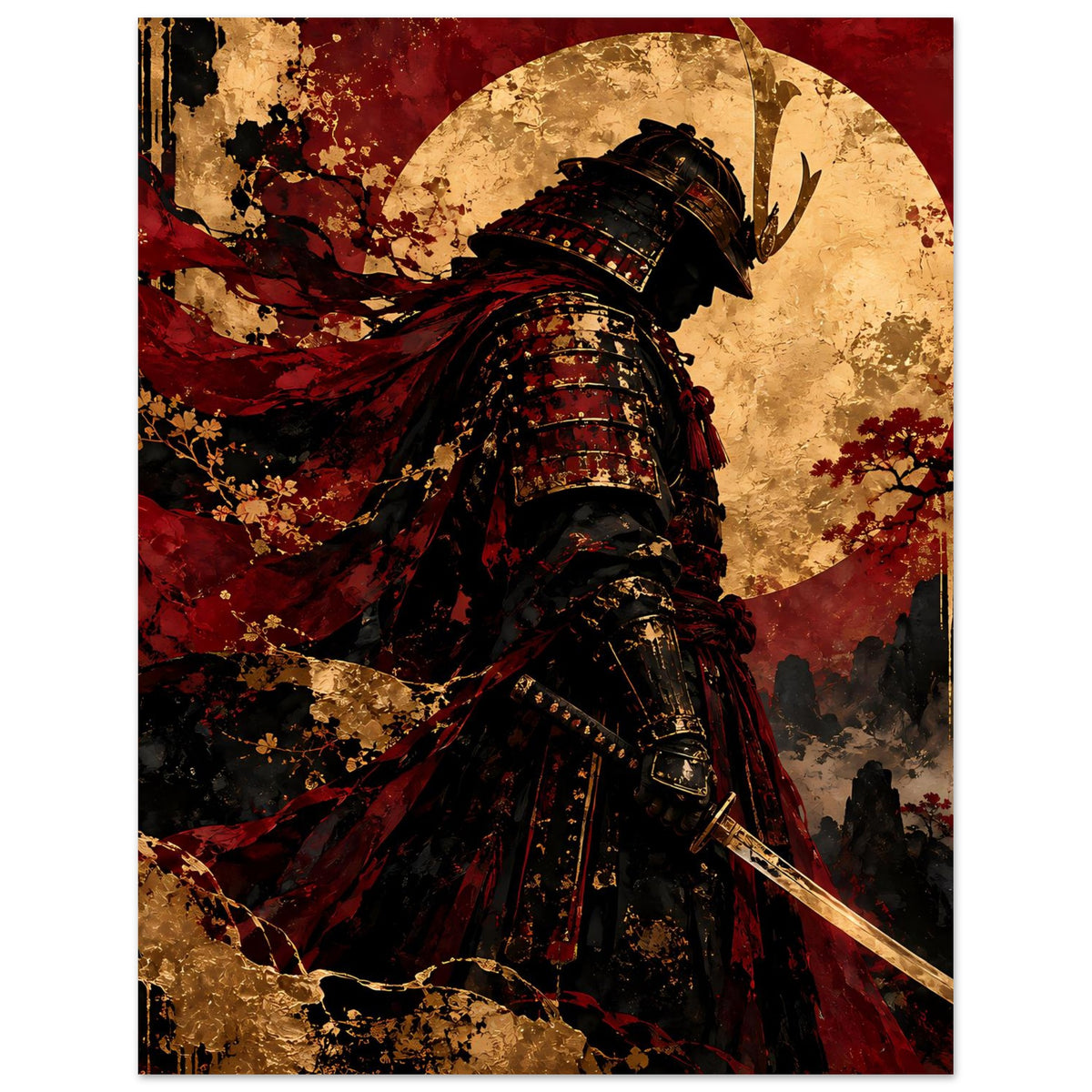 Japan-Poster mit Samurai-Krieger, schwarzer Rüstung, rotem Umhang und Katana bei Halbmond