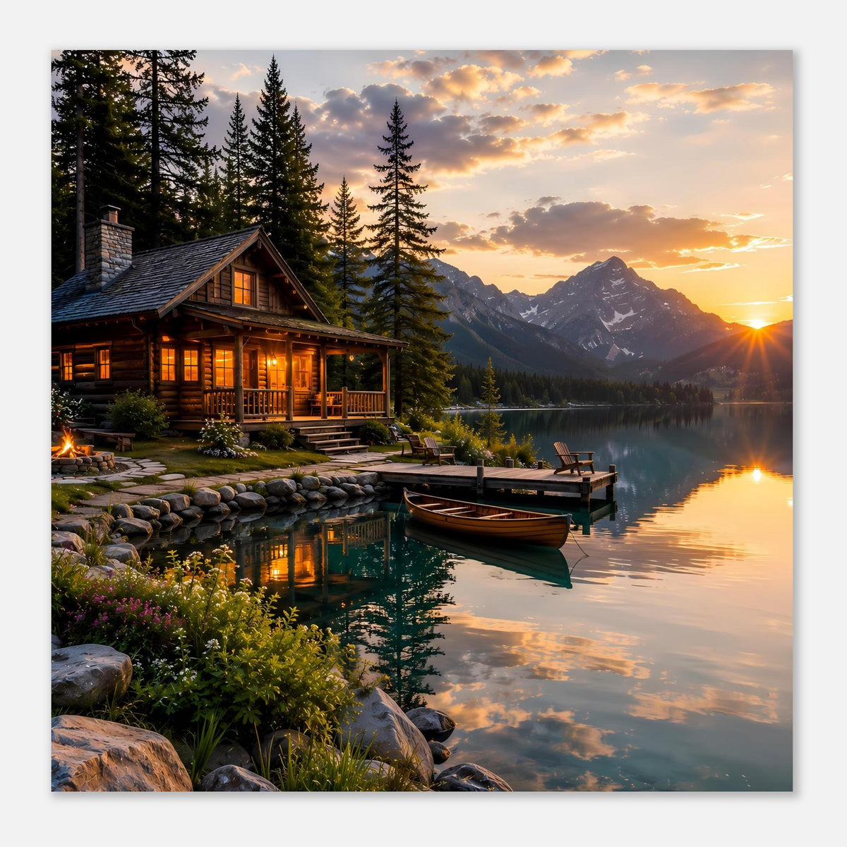 Landschaftsposter mit beleuchtetem Holzhaus und Boot am See, Sonnenuntergang, Querformat