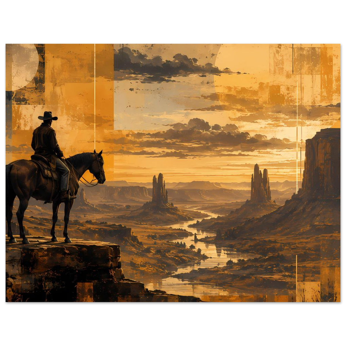 Horizontales Poster mit Cowboy auf Pferd und Wüstenlandschaft im warmen Sonnenuntergang